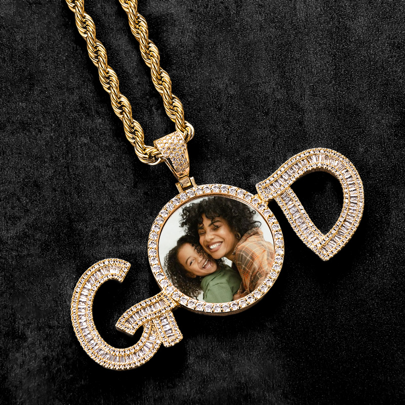 Iced GOD Baguette Cut Photo Pendant in Gold Plating