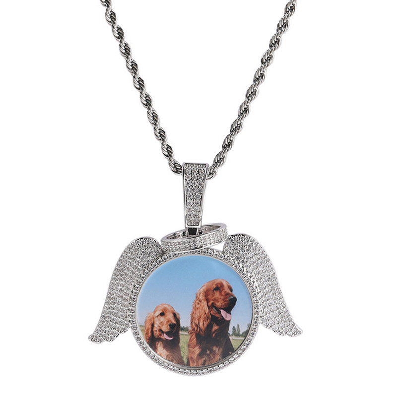 Iced Angel Wing Photo Pendant in White Gold Plating