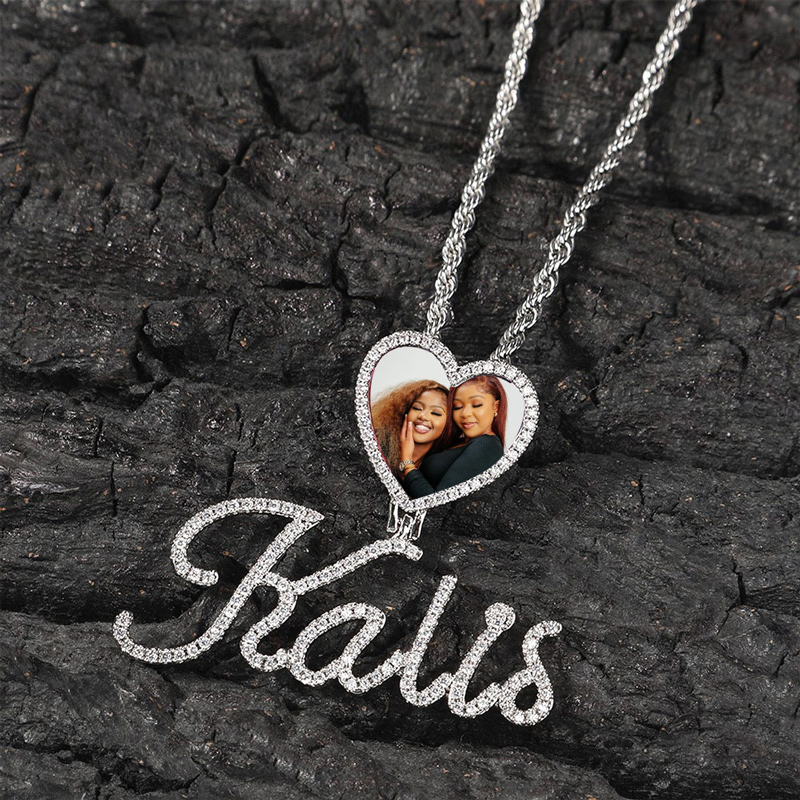 Iced Heart-shaped Photo & Name Custom Pendant