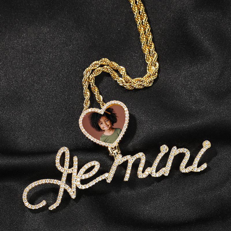 Iced Heart-shaped Photo & Name Custom Pendant