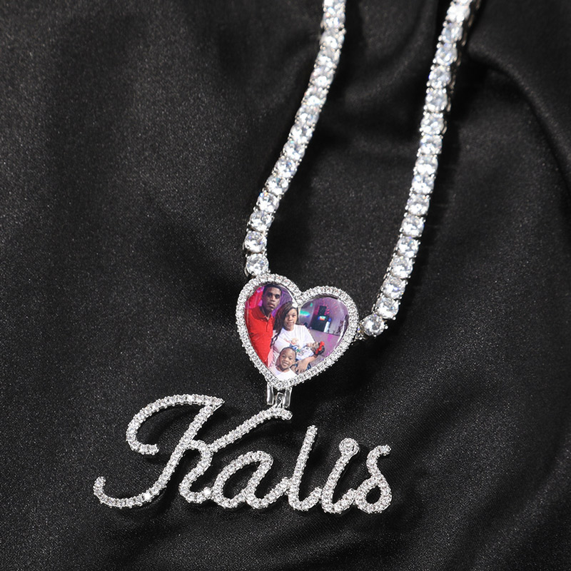 Iced Heart-shaped Photo & Name Custom Pendant