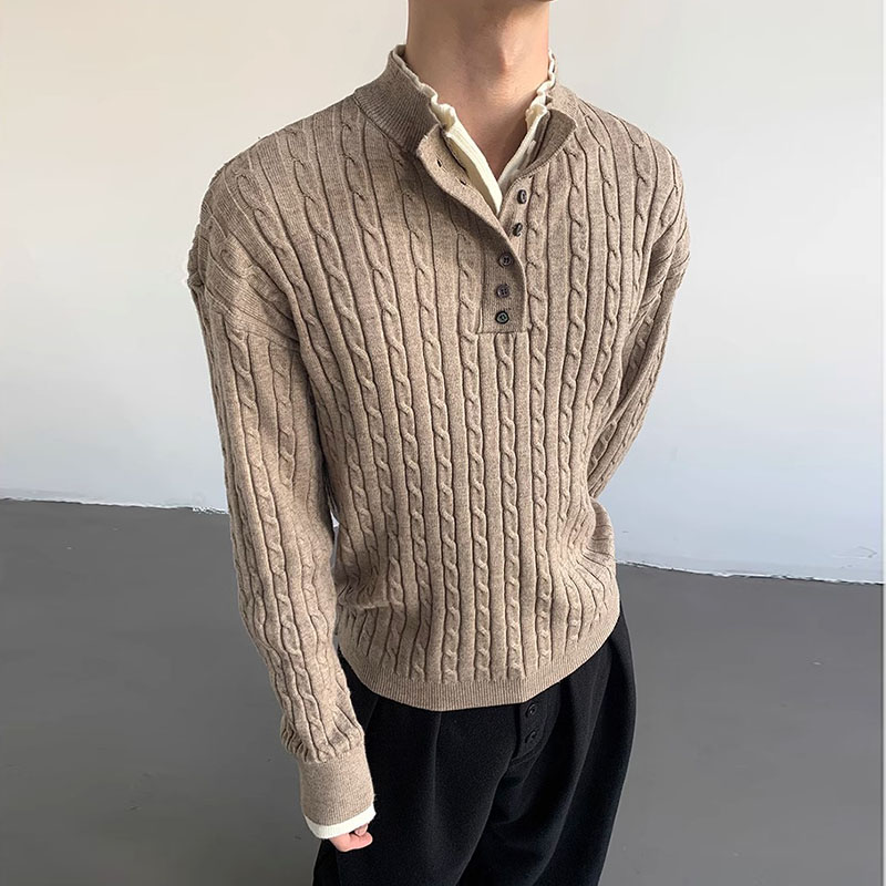 Solid Color Henley Neck Sweater with Sisal Pattern