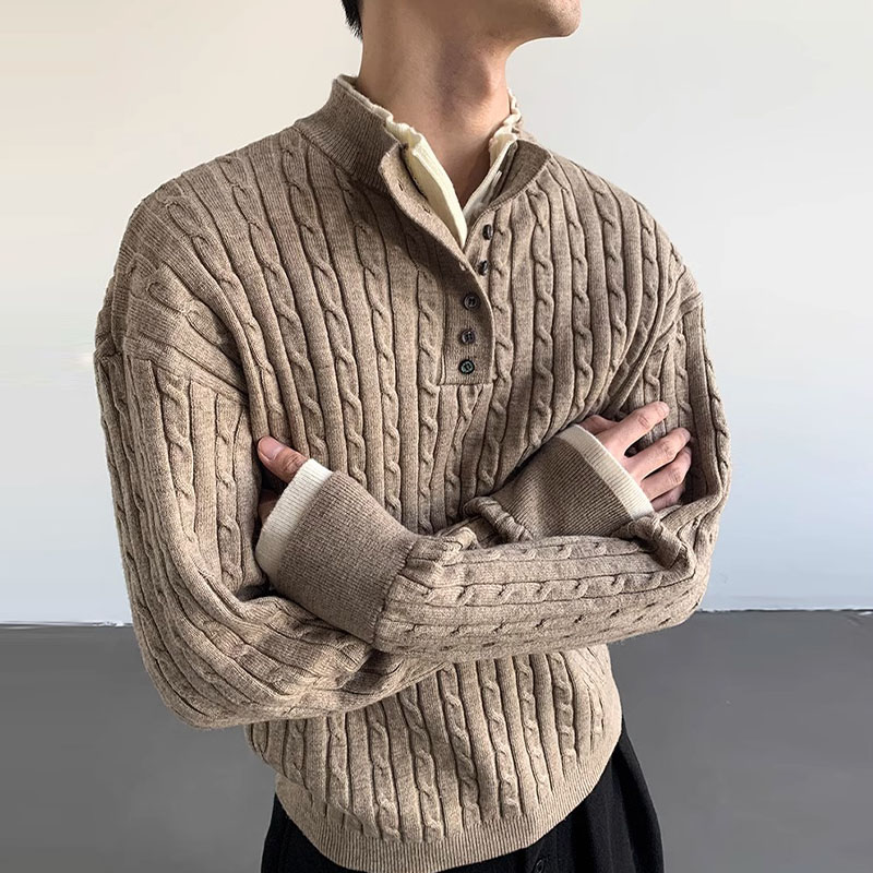 Solid Color Henley Neck Sweater with Sisal Pattern