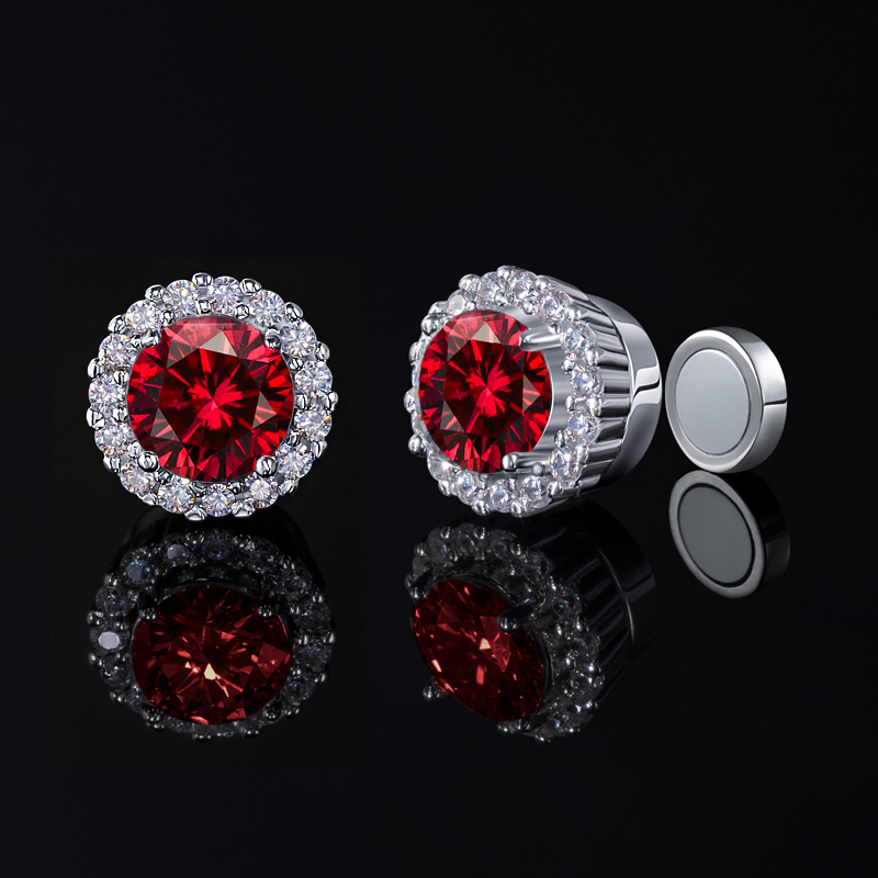 Moissanite Round Cut Magnetic Non-Piercing Ruby Stud Earrings in S925 Silver