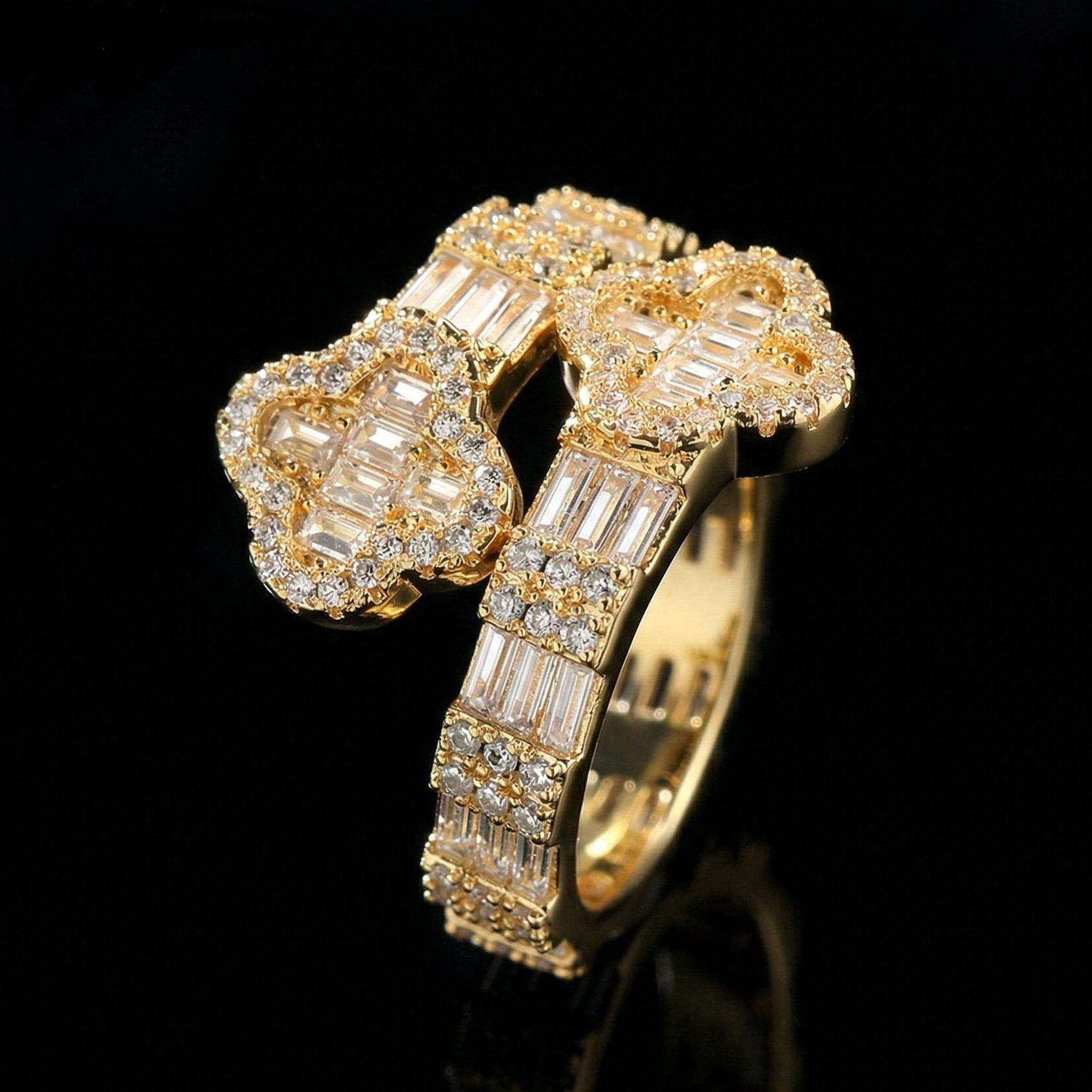 Iced Four Leaf Clover Baguette Cut Ring