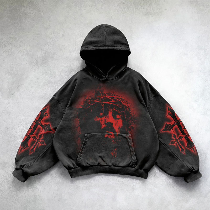 Vintage Jesus Print Washed Hoodie