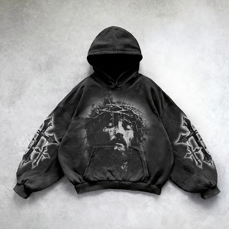 Vintage Jesus Print Washed Hoodie