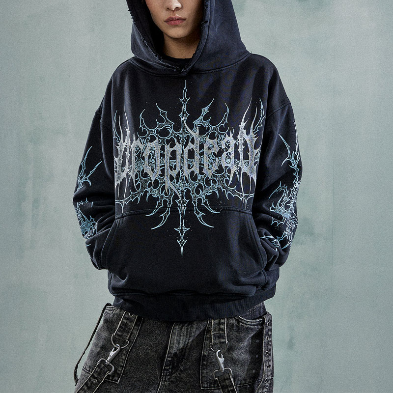 Gothic Pattern Graffiti Washed Hoodie