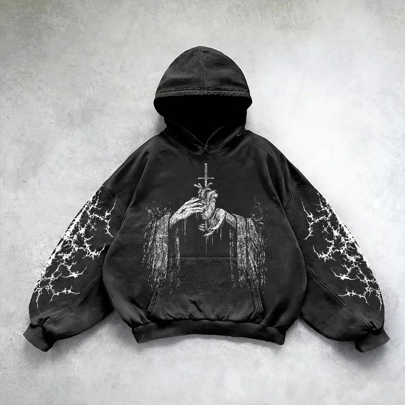 Vintage Gothic Print Washed Hoodie