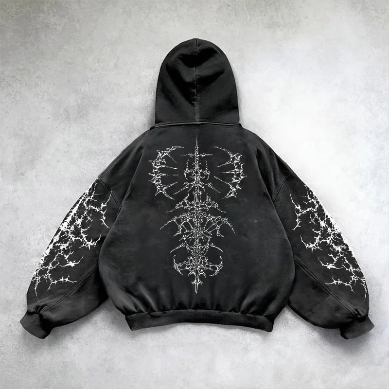 Vintage Gothic Print Washed Hoodie