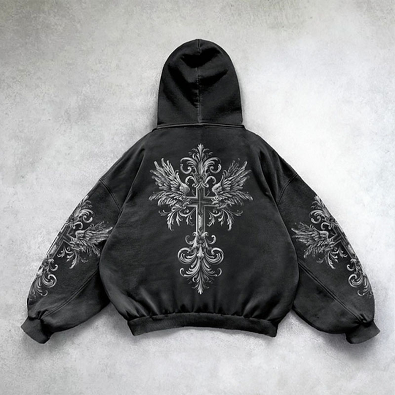 Hip Hop Gothic Print Washed Hoodie