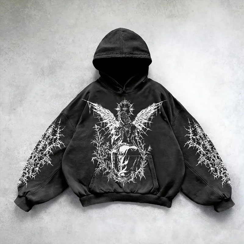 Hip Hop Gothic Print Washed Hoodie