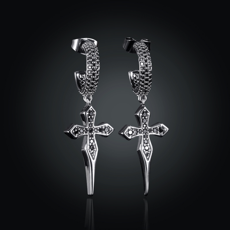 Iced Sharp Cross Drop Earring in Black Gold