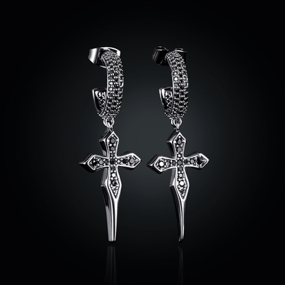 Iced Sharp Cross Drop Earring in Black Gold