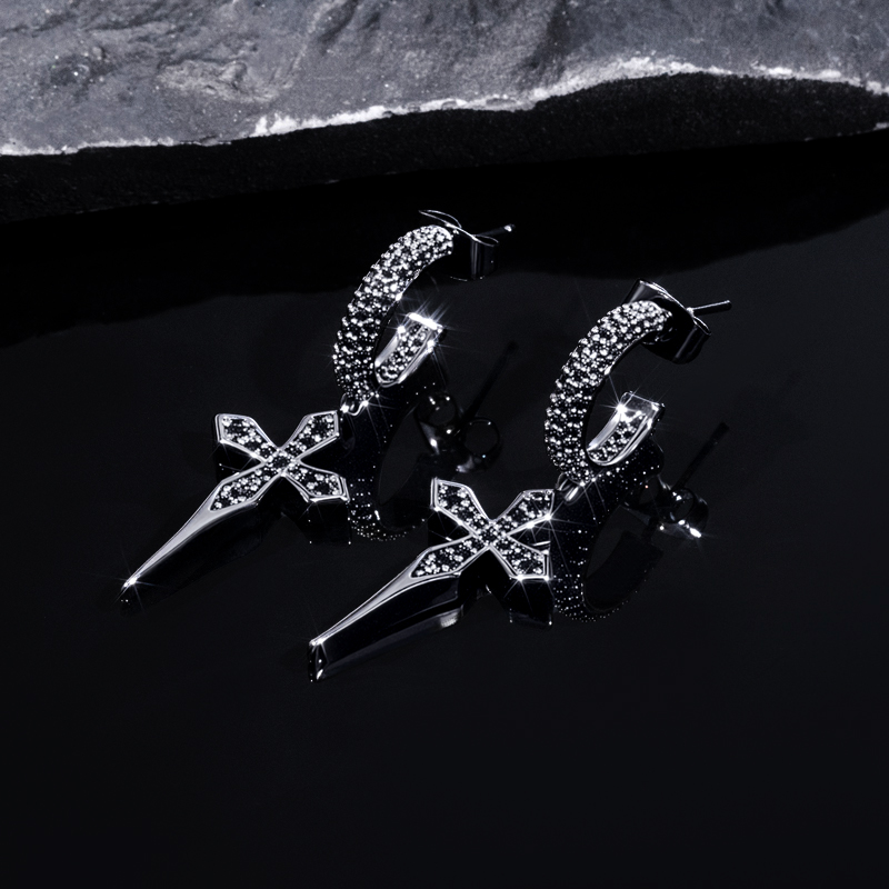 Iced Sharp Cross Drop Earring in Black Gold