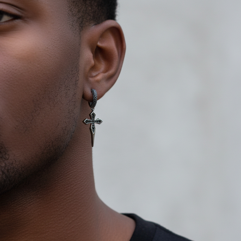 Iced Sharp Cross Drop Earring in Black Gold