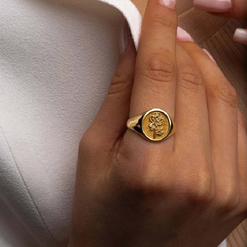 Personalized Birth Flower and Sunflower Signet Ring for Women