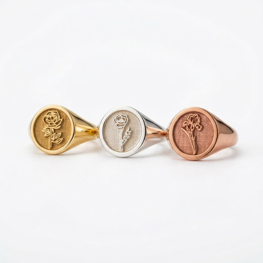 Personalized Birth Flower and Sunflower Signet Ring for Women