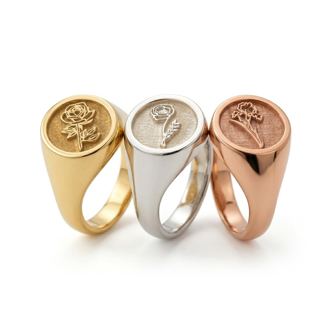 Personalized Birth Flower and Sunflower Signet Ring for Women