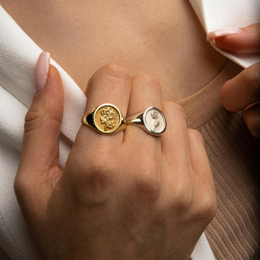 Personalized Birth Flower and Sunflower Signet Ring for Women