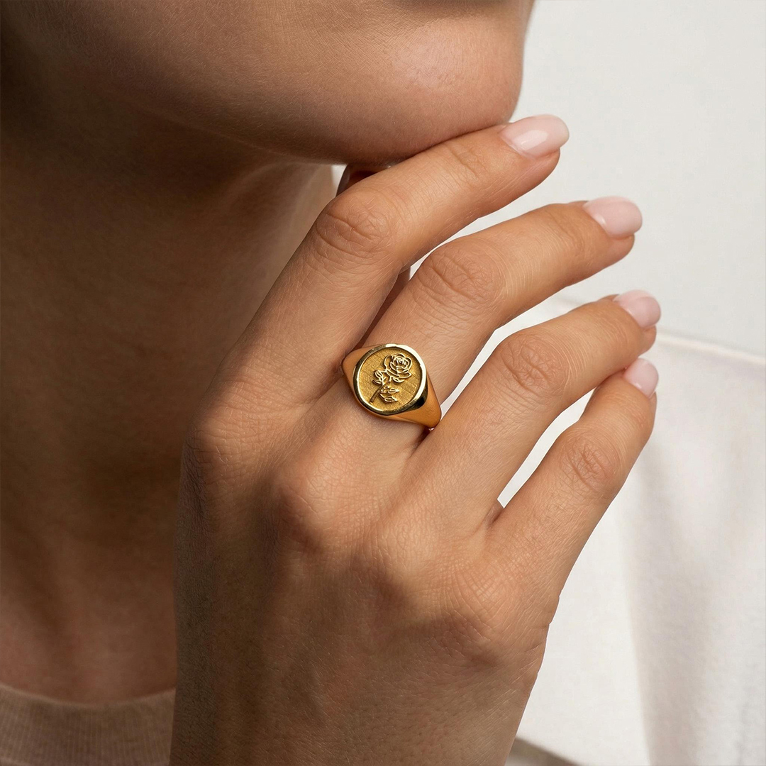 Personalized Birth Flower and Sunflower Signet Ring for Women