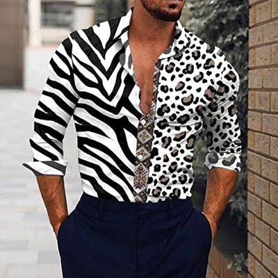 Men's Leopard Stitching Print Casual Long Sleeve Shirt