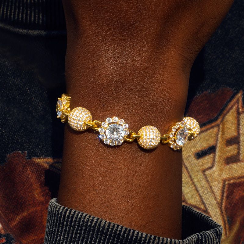 12mm 8'' Iced Ball & Halo Diamond Link Bracelet in Gold