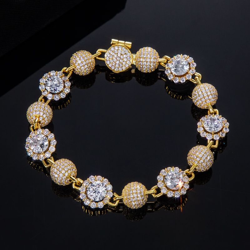 12mm 8'' Iced Ball & Halo Diamond Link Bracelet in Gold