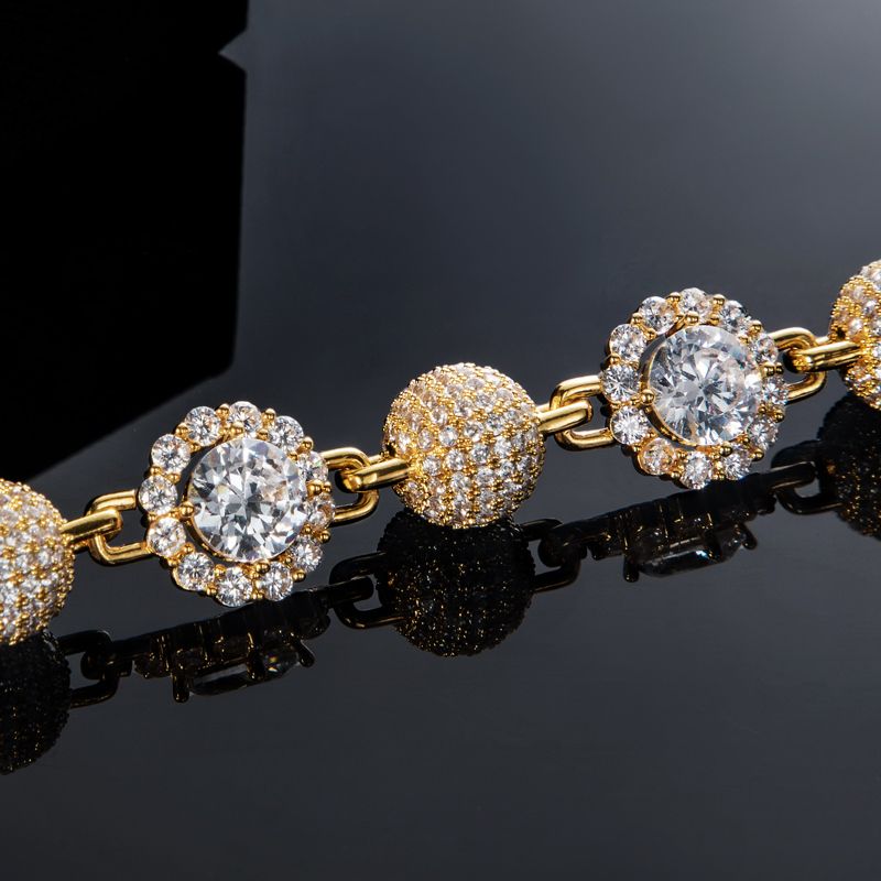 12mm 8'' Iced Ball & Halo Diamond Link Bracelet in Gold