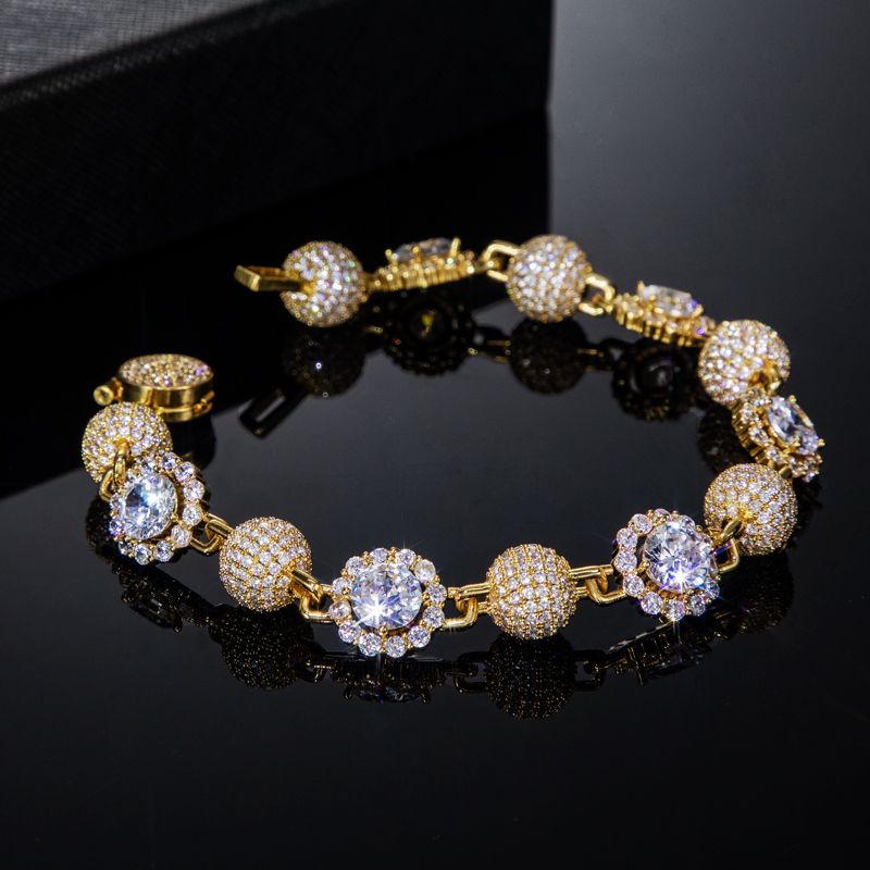 12mm 8'' Iced Ball & Halo Diamond Link Bracelet in Gold