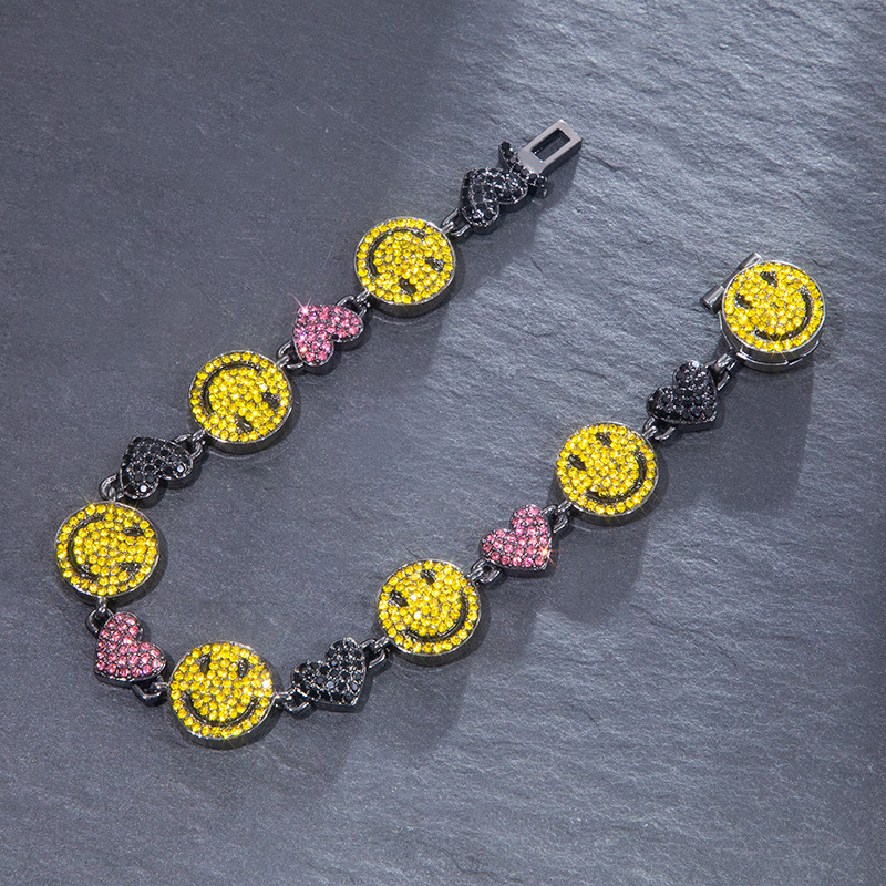 Smile Face & Heart Link Bracelet in Black Gold