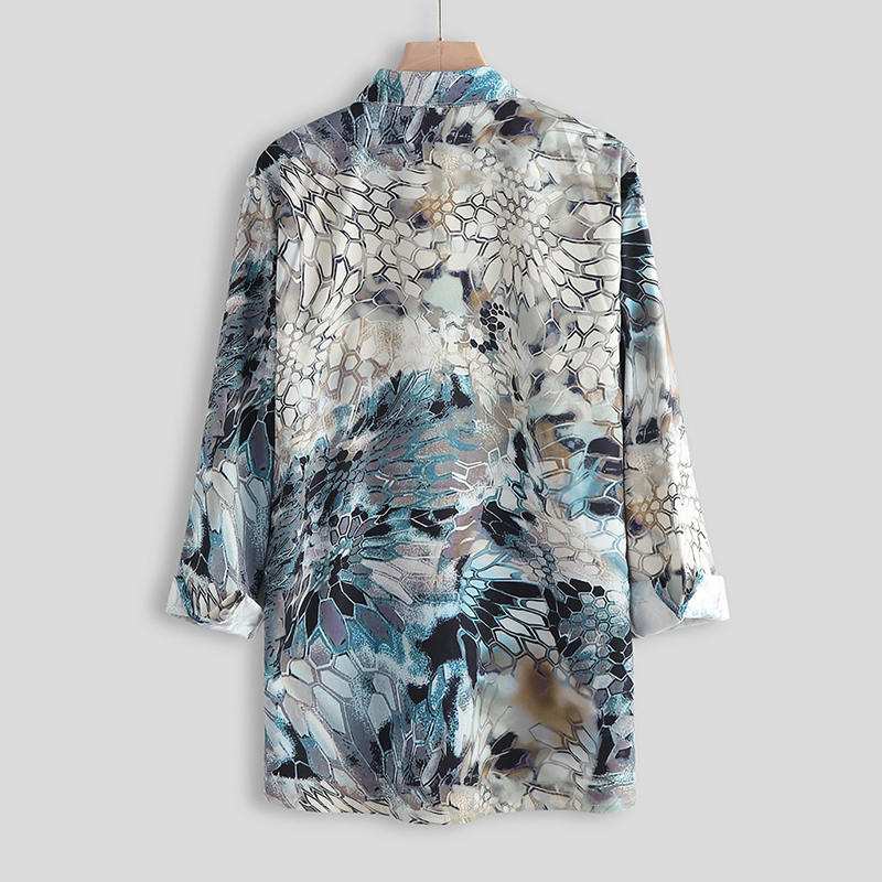 Fish Scale Print Lapel Long-sleeved Casual Shirt
