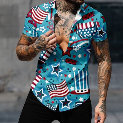Independence Day Print Men's Trendy Short Sleeve Lapel Shirt