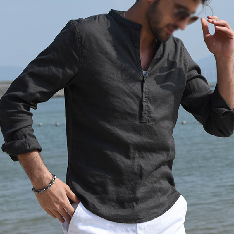 Cotton Henley Collar Long Sleeve Shirt
