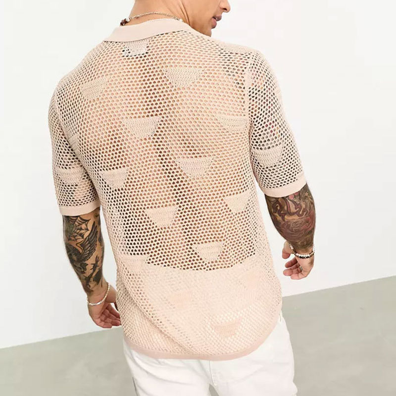 New Fashion Solid Color Short Sleeve Mesh Hollow Shirt