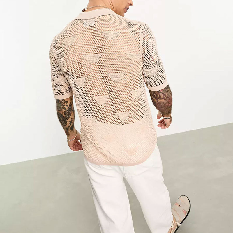 New Fashion Solid Color Short Sleeve Mesh Hollow Shirt