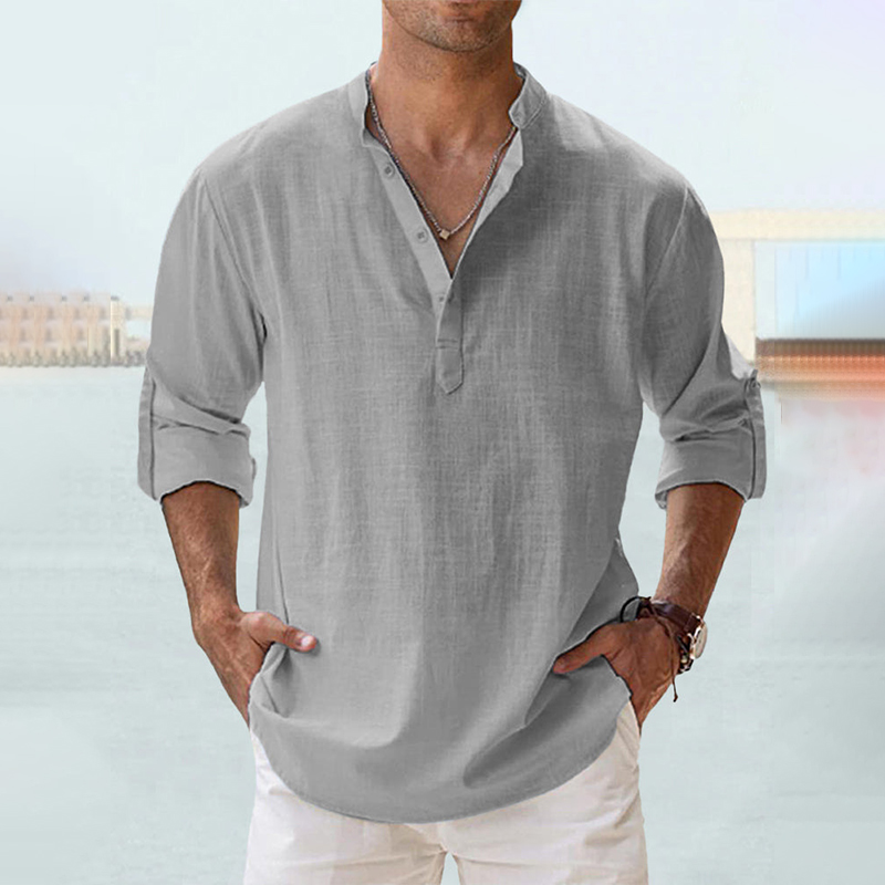Stand Collar Long Sleeve Cotton Linen Shirt