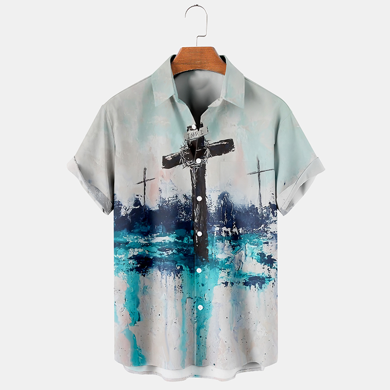Street Style Cross Print Short Sleeve Shirt
