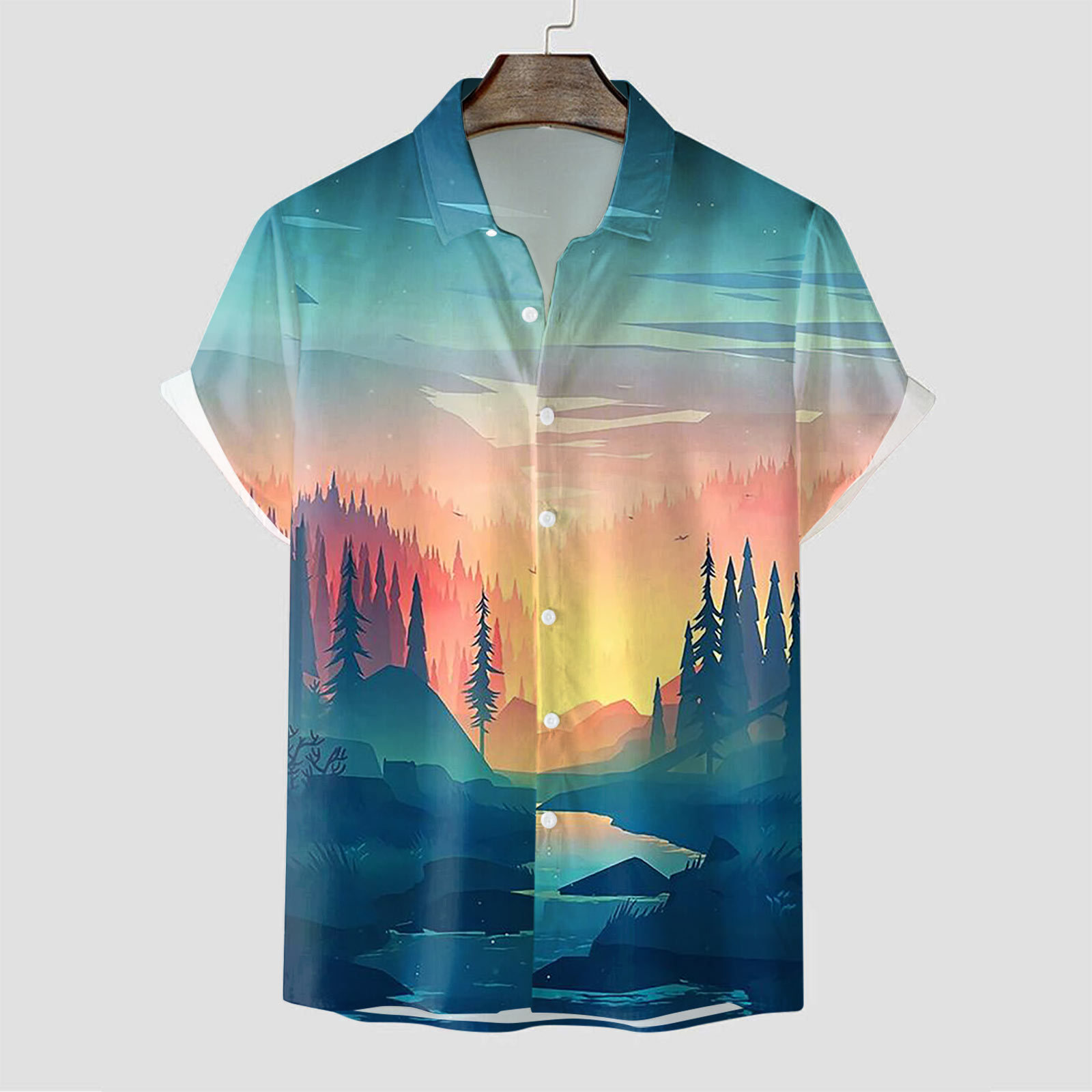 Fashion Men's Short Sleeve Landscape Print Shirt