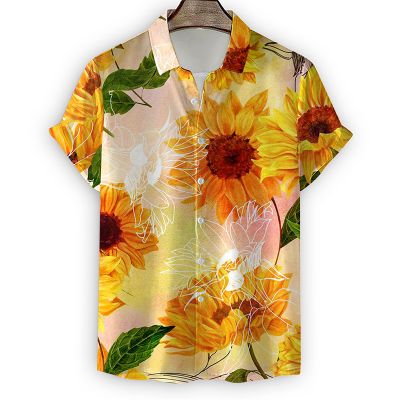 Men's Beach Print Sunflower Short Sleeve Shirt