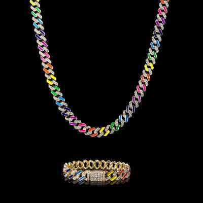 11mm Multi-Color Half-Iced Cuban Chain and Bracelet Set