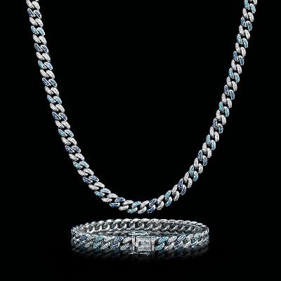 Iced 8mm Gradient Blue Cuban Chain and Bracelet Set in White Gold