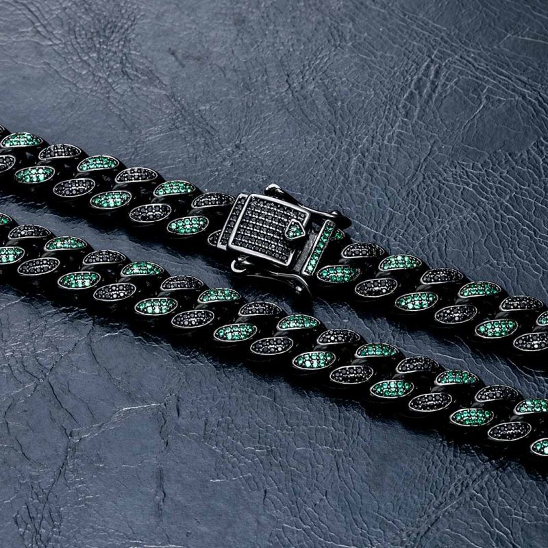Iced 8mm Emerald & Black Stones Cuban Chain and Bracelet in Black Gold