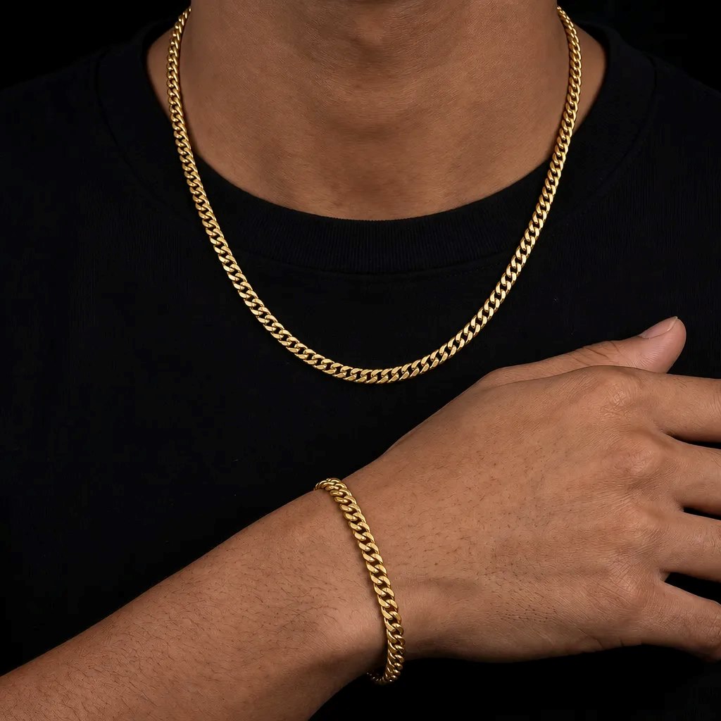6mm Cuban Link Chain Set in Gold 6mm Cuban Link Chain Set in Gold
