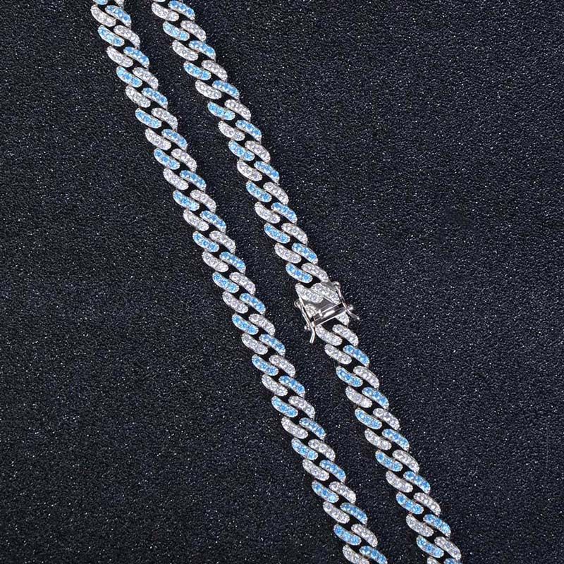 8mm Blue&White Iced Cuban Chain Set in White Gold