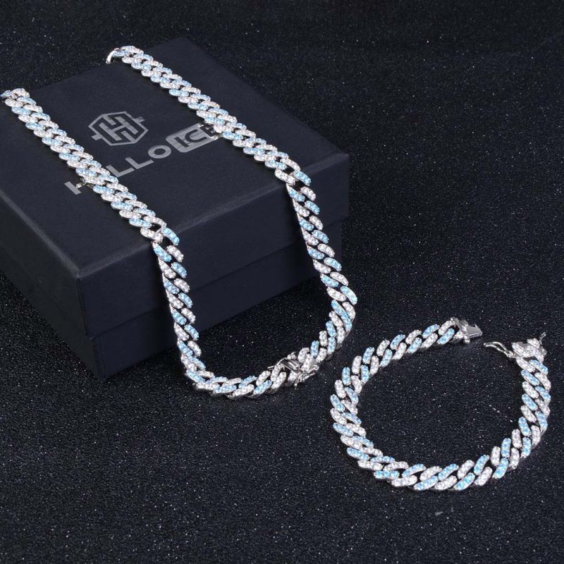 8mm Blue&White Iced Cuban Chain Set in White Gold