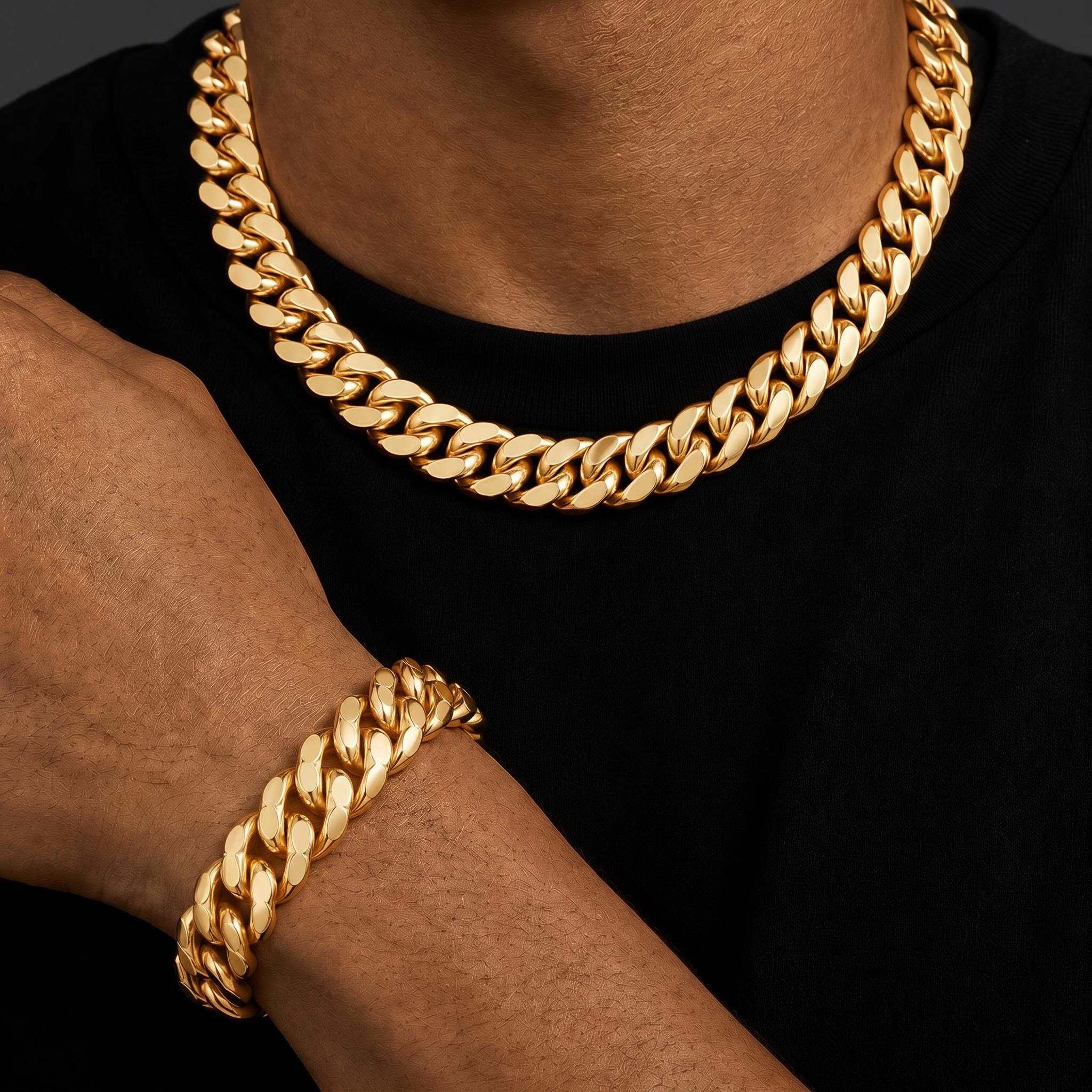 12mm Stainless Steel Cuban Link Chain Set in Gold 12mm Stainless Steel Cuban Link Chain Set in Gold