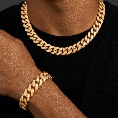 12mm Stainless Steel Cuban Link Chain Set in Gold
