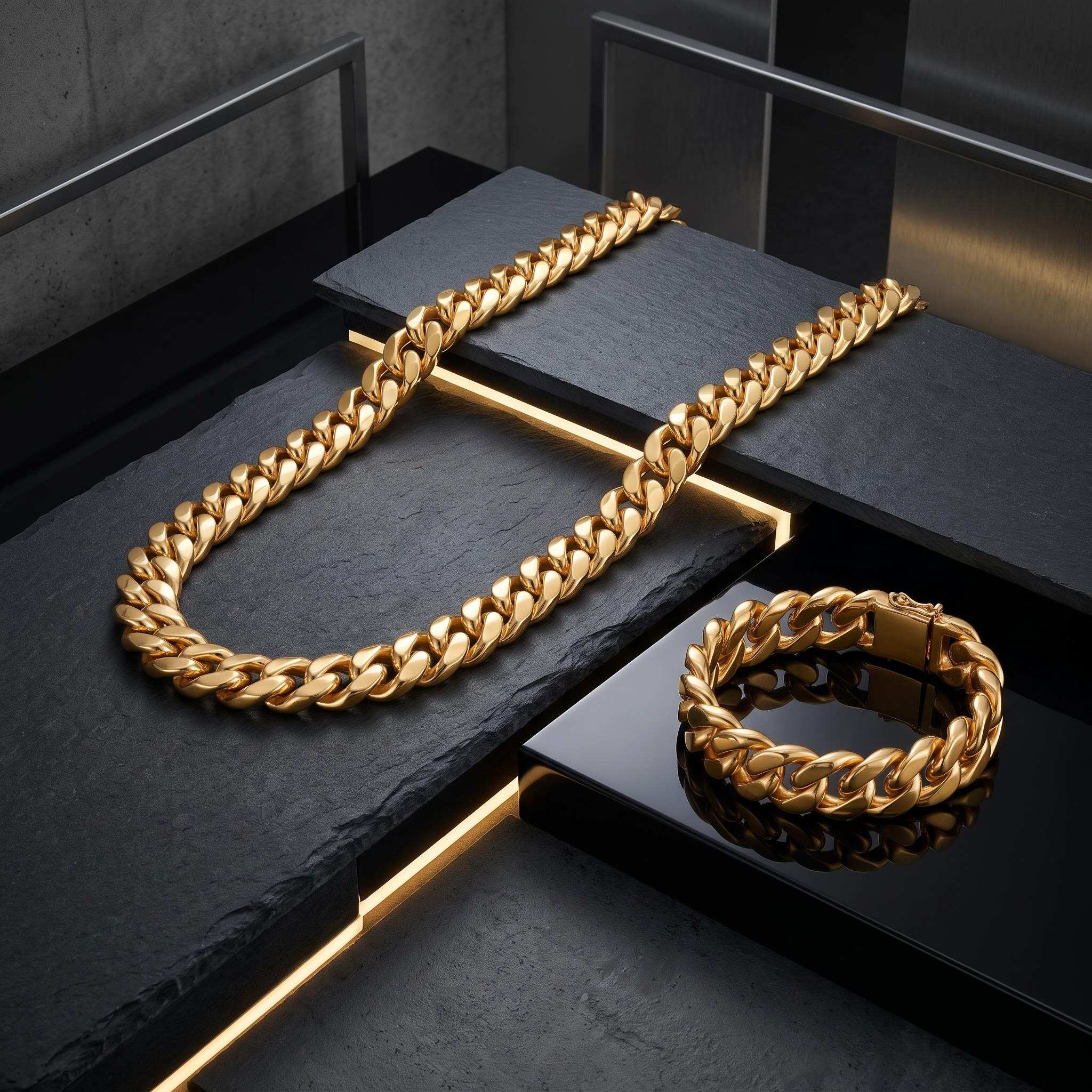 12mm Stainless Steel Cuban Link Chain Set in Gold 12mm Stainless Steel Cuban Link Chain Set in Gold