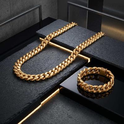 12mm Stainless Steel Cuban Link Chain Set in Gold
